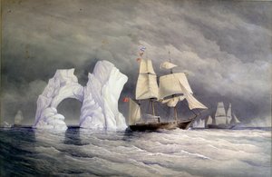 Britské lodě Phoenix, Talbot a Diligence proplouvají ledovcem (Arktická Kanada). Akvarel (58x88 cm), autor: Edward Augustus Inglefield (1820-1894)