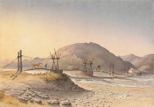 "Visutý most z kožených řemínků (ale opravený řetězem) přes Maypu, pět mil jižně od Santiaga, Chile, 11. ledna 1851".