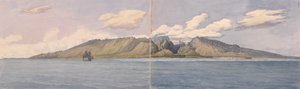 "Tahiti [Společenské ostrovy]. Úžina Fautaua - hora Crown nebo Diademe ve středu ostrova a město Papeiti, 24. srpna 1849". od Admiral Sir Edward Gennys Fanshawe
