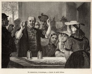 Navíječ v hostinci v Kruiningenu před zraky pozorných diváků dělá své číslo, vyryté podle kresby Adolfa Dillense, ilustrující cestu na Zelande (Neerlande), v roce 1873, od Charlese de Coster, publikované v „Le tour du monde “ 1874, upraveno