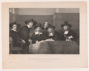 De Staalmeesters: vysoká škola vzorových mistrů (waardijns) cechu amsterdamských soukeníků Staalmeesters, podle Rembrandta / Premium plate der Kunstkronijk, šestnáctý svazek (1854) (název na předmětu)