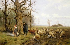 Děti s pastýřem a ovečkami v krajině (olej na plátně) od Adolf Ernst Meissner