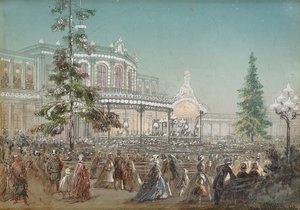 "Oslava 25. výročí dráhy Carskoe Selo v koncertní síni Pavlovského nádraží" od Adolfa Karla Velikého (1826-1901), Kvaš na kartonu