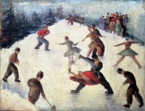 Zimní bruslařská scéna kolem roku 1920
