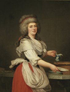 Adelaide Augie (nebo Auguier), služebná královny jako dojička v Trianonu - Madame Adelaide Aughie, přítelkyně královny Marie Antoinetty, jako dojnice v Trianonu, od Wertmullera, Adolfa Ulrika (1751-1811). olej na plátně