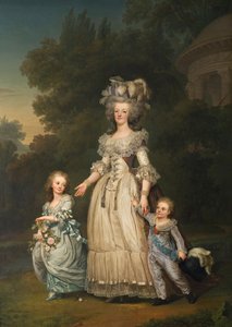 Francouzská královna Marie Antoinetta a dvě z jejích dětí na procházce v parku Trianon, 1785