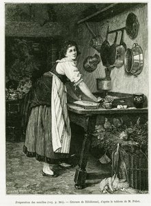 Příprava nudlí. Rytina od Hildibranda k ilustraci příběhu A Through Alsace and Lorraine, v roce 1887, Charles Grad, německý zástupce, v tour du monde 1888, režie Edouard Charton (1807-1890), Hachette, Paris. od Adolf von Hildebrand