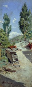 Cesta v kopcích od Adolfa Belimbau (1845-1938), olej na panelu, 23x9 cm
