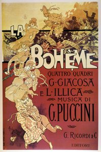 Plakát Bohémy od Adolfa Hohensteina k premiéře opery Giacoma Pucciniho v Teatro Regio di Torino, 1. 2. 1896.