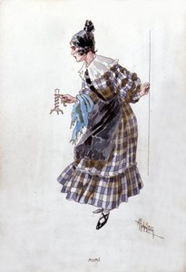 Kostým postavy Mimi pro operu „La Boheme““ od Giacoma Pucciniho (1858-1924). Akvarel od Adolfa Hohensteina.