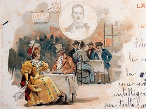 Pohlednice Adolfa Hohensteina (1854-1928) vytvořená u příležitosti premiéry opery La Boheme od Giacoma Pucciniho (1858-1924), zobrazující scénu z druhého dějství od Adolfo Hohenstein