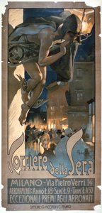 Plakát propagující deník "Corriere della Sera", vytištěný v Miláně, 1898