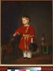 ""Portrét chlapce v červených šatech s vojenskými hračkami" Obraz Adolfa Jebense (1819-1888) 1849 Muzeum uměleckých a pedagogických hraček, Sergiyev Posad od Adolph Gebens
