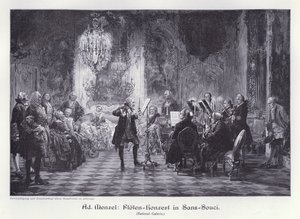 Flétnový koncert v paláci Sanssouci, Postupim, Prusko (rytina) od Adolph Friedrich Erdmann von (after) Menzel