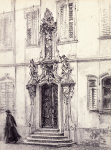 Muž sestupující po schodech budovy vyzdobené barokním portálem, 1884 od Adolph Menzel