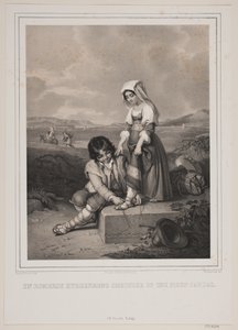 Chlapec římského ovčáka zavazuje mladé dívce sandál. od Johan Adolph Kittendorff