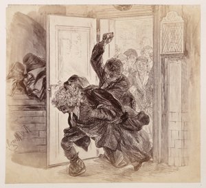 Adam, zbitý Ruprechtem, vyběhne ze soudní síně, zatímco Eva a ostatní to sledují v pozadí – podle Heinricha von Kleista „Rozbitý džbán“ od Adolph Menzel