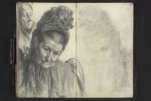 Poprsí staré ženy s kloboukem, hlava ženy se šátkem od Adolph Menzel