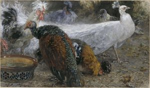 Bílý páv s krůtou a slepicemi. Z „Dětského alba“ od Adolph Menzel
