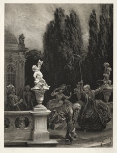Esej o kameni se štětcem a škrabkou: Hraní na obruče na hradní terase, 1851. od Adolph Menzel