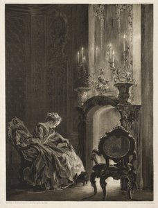 Esej o kameni se štětcem a škrabkou: Žena čtoucí u krbu, 1851. od Adolph Menzel