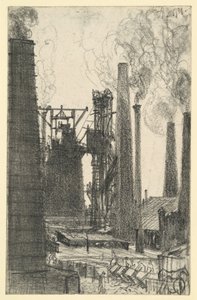 Tovární náměstí s kouřícími komíny (Königshütte?) od Adolph Menzel