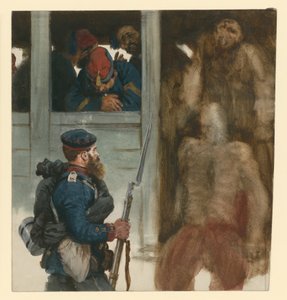 Francouzský transport zajatců v železničních vagonech, v popředí pruský pěšák, scéna z války v roce 1870