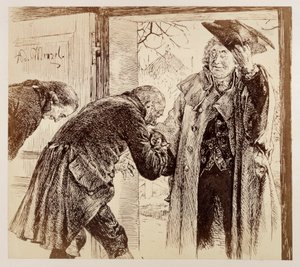 Soudce Walter vstoupí zprava ke dveřím, přátelsky zvedá klobouk, Adam a Licht ho pokorně vítají, k dílu Heinricha von Kleista „Rozbitý džbán“ od Adolph Menzel