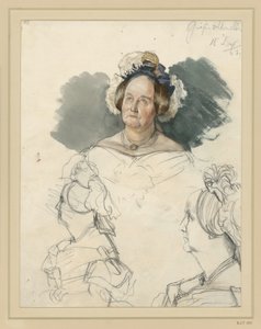 Hraběnka Alvenslebenová, rozená von der Osten-Sackenová. Mezi nimi dva portréty zepředu. Studie k obrazu „Korunovace Viléma I. v Königsbergu“ od Adolph Menzel