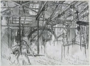 Hala ve válcovně Königshütte. Studie na téma „Válcovna železa. Moderní kyklopové“ od Adolph Menzel