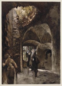 V ruinách stojí pán a dáma na schodišťovém podestě a vzhlížejí k velké díře v klenbě od Adolph Menzel