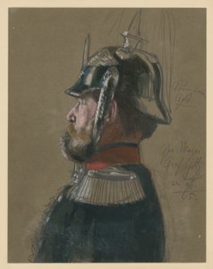 Karel Friedrich hrabě von Goltz, generálmajor, bustový portrét s přilbou a kordem, profil doleva, portrétní studie ke „Korunovaci Viléma I. v Královci“ od Adolph Menzel