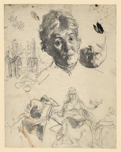 Hlava starší ženy s opakujícím se motivem brady, architektonická skica, figurální skica k alegorii od Adolph Menzel