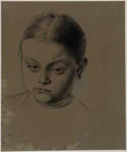 Hlava dívky zepředu, s mírně skloněnou hlavou, náušnice od Adolph Menzel