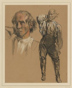 Muž v košili, kalhotách a vysokých botách, stojící en face, pravou rukou si sahá na zátylek, pohled doleva, vlevo: větší studie hlavy od Adolph Menzel