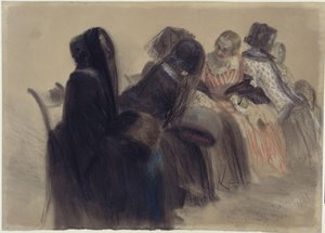 Hudební večer, šest dam sedících na židlích v řadě směřující do hloubky směrem doprava, některé z nich se baví od Adolph Menzel