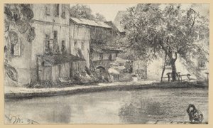 Zadní strana řady domů a strom u vody od Adolph Menzel