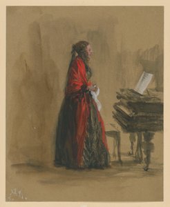 Zpívající žena stojící u klavíru, z profilu doprava od Adolph Menzel