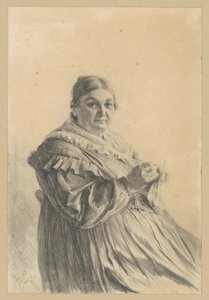 Sedící starší žena s pletenou ponožkou od Adolph Menzel