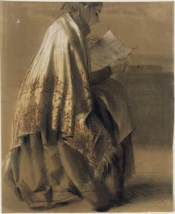 Žena sedící a čtoucí, zahalená do širokého šálu od Adolph Menzel