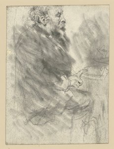 Sedící vousatý muž, pohled směřující doprava, s ukazováčkem pravé ruky nataženým a opřeným o desku stolu od Adolph Menzel