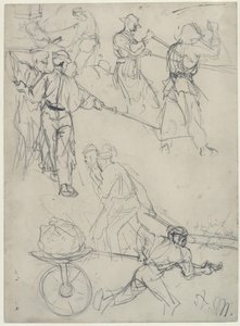 Náčrtky dělníků při různých činnostech ve válcovně. Studie k dílu „Železná válcovna. Moderní kyklopové“ od Adolph Menzel