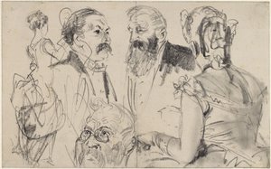 Skicář se třemi mužskými hlavami a dvěma ženskými postavami zezadu z elegantní společnosti od Adolph Menzel