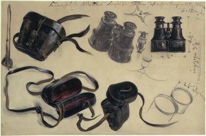 Studie podle dalekohledu polního maršála hraběte von Moltkeho, pouzdro a detaily, s poznámkami od Adolph Menzel