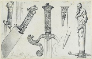 Pastýřský nůž z konce 16. století, lovecký meč z první poloviny 17. století a lovecký nůž „Permoser“ z počátku 18. století, Historické muzeum, Drážďany od Adolph Menzel