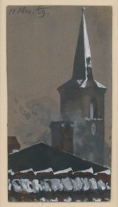 Zasněžená tašková střecha a kostelní věž od Adolph Menzel