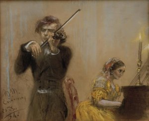 Clara Schumann a Joseph Joachim tvoří hudbu od Adolph Menzel