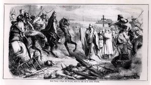 St. Loup bránící město Troyes před Attilou Hunem (asi 406-453) na svém koni, ilustrace z dějin Francie, 2. polovina 19. století (černobílá fotografie) od Adolphe Francois Pannemaker