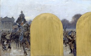 Skica kanceláře prefekta na pařížské radnici: Shromáždění před štrasburskou sochou