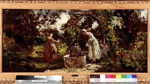 Elegantní a její služebná u studny Obraz Adolphe Monticelli (1824-1886) Dim. 34,5x69,5 cm Povinná zmínka: Sbírka zakládání pozdravů z Provence, Marseille od Adolphe Joseph Thomas Monticelli